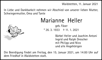 Traueranzeige von Marianne Heller von Gmünder Tagespost
