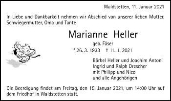 Traueranzeige von Marianne Heller