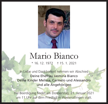 Traueranzeige von Mario Bianco von Schwäbische Post