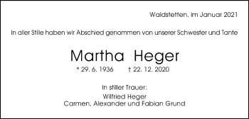 Traueranzeige von Martha Heger von Gmünder Tagespost