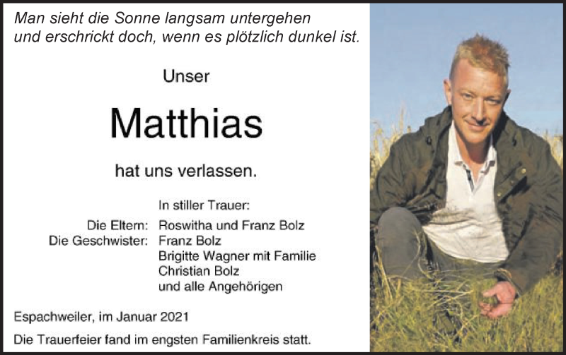  Traueranzeige für Matthias  vom 09.01.2021 aus Schwäbische Post