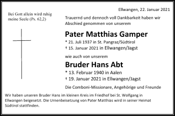 Traueranzeige von Matthias Gamper von Schwäbische Post