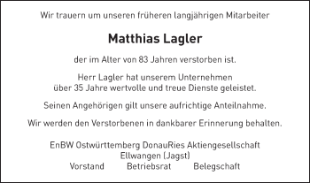 Traueranzeige von Matthias Lagler von Schwäbische Post