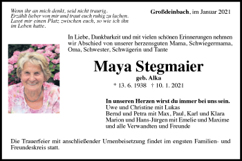 Traueranzeige von Maya Stegmaier von Gmünder Tagespost