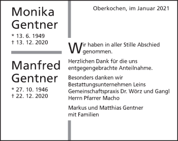 Traueranzeige von Monika Gentner von Schwäbische Post