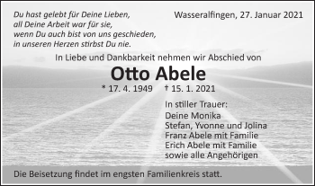 Traueranzeige von Otto Abele von Schwäbische Post