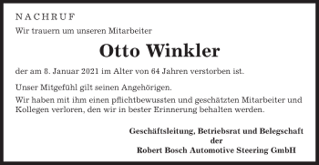 Traueranzeige von Otto Winkler von Gmünder Tagespost