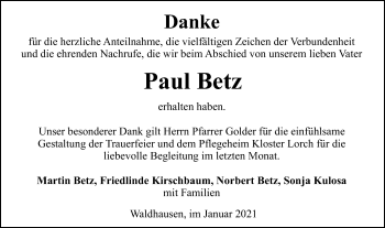Traueranzeige von Paul Betz von Gmünder Tagespost