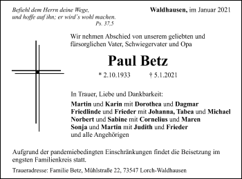 Traueranzeige von Paul Betz von Gmünder Tagespost