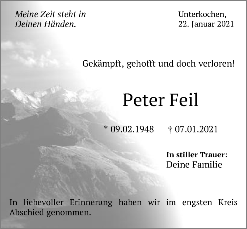  Traueranzeige für Peter Feil vom 22.01.2021 aus Schwäbische Post