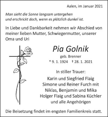 Traueranzeige von Pia Golnik von Schwäbische Post