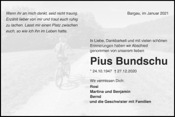 Traueranzeige von Pius Bundschu von Gmünder Tagespost