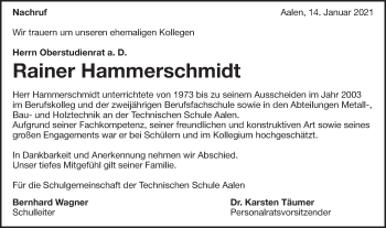 Traueranzeige von Rainer Hammerschmidt von Schwäbische Post