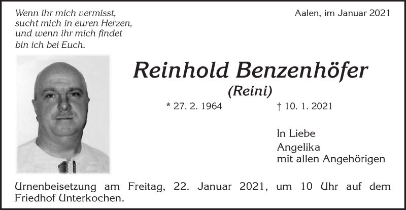  Traueranzeige für Reinhold Benzenhöfer vom 19.01.2021 aus Schwäbische Post
