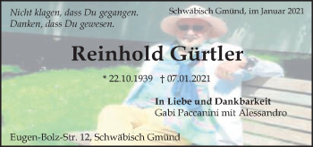 Traueranzeige von Reinhold Gürtler von Gmünder Tagespost