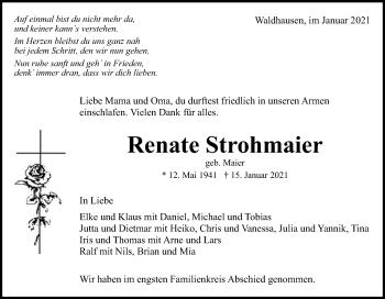 Traueranzeige von Renate Strohmaier von Gmünder Tagespost