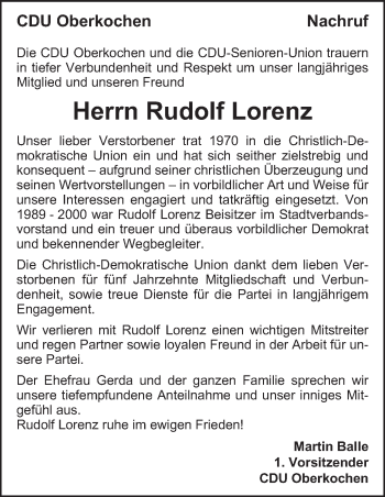 Traueranzeige von Rudolf Lorenz von Amtsblatt_Oko