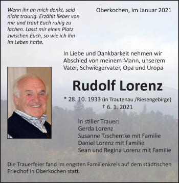 Traueranzeige von Rudolf Lorenz von Amtsblatt_Oko