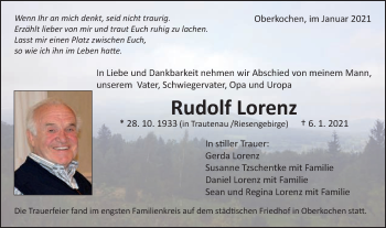 Traueranzeige von Rudolf Lorenz von Schwäbische Post