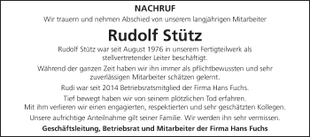 Traueranzeige von Rudolf Stütz von Schwäbische Post