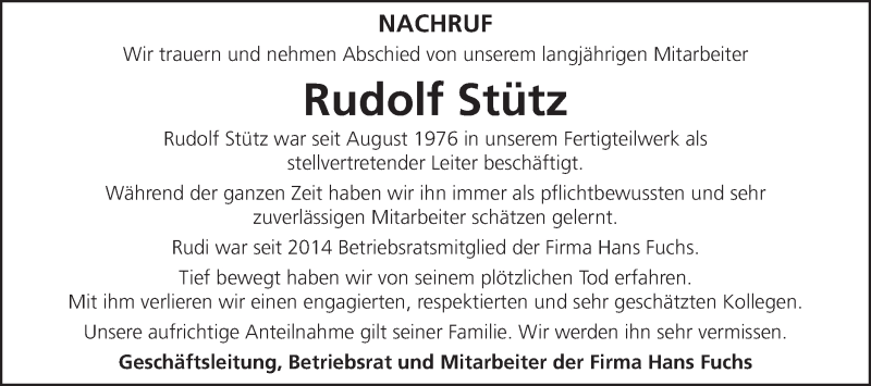  Traueranzeige für Rudolf Stütz vom 28.01.2021 aus Schwäbische Post