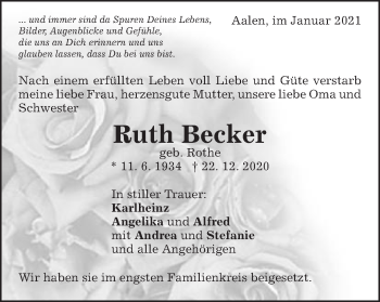 Traueranzeige von Ruth Becker von Schwäbische Post