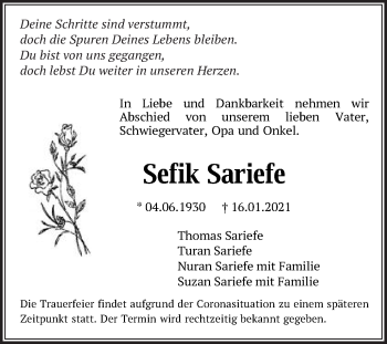 Traueranzeige von Sefik Sariefe von Schwäbische Post