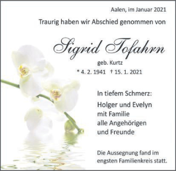 Traueranzeige von Sigrid Tofahrn von Schwäbische Post