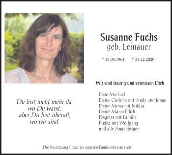 Traueranzeige von Susanne Fuchs von Schwäbische Post
