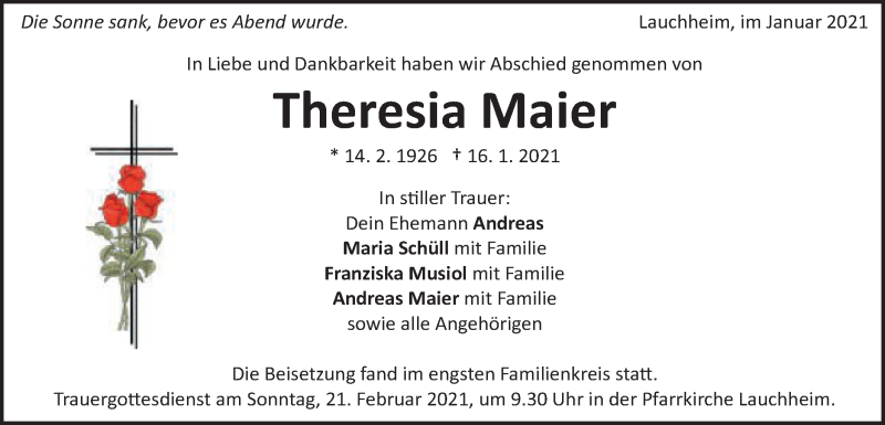  Traueranzeige für Theresia Maier vom 27.01.2021 aus Schwäbische Post