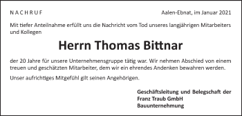 Traueranzeige von Thomas Bittnar von Schwäbische Post