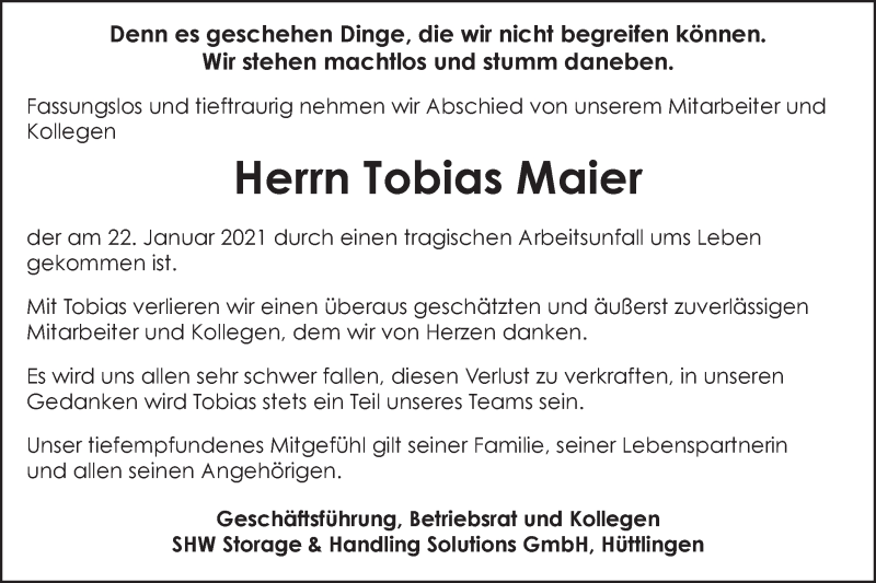  Traueranzeige für Tobias Maier vom 29.01.2021 aus Schwäbische Post