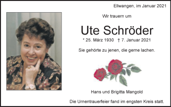 Traueranzeige von Ute Schröder von Schwäbische Post