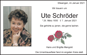 Traueranzeige von Ute Schröder