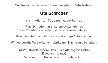 Traueranzeige von Ute Schröder von Schwäbische Post