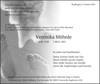 Traueranzeige von Veronika Möhnle von Schwäbische Post