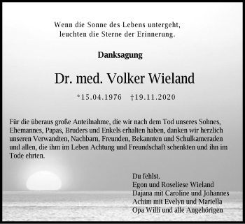 Traueranzeige von Volker Wieland von Schwäbische Post