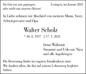 Traueranzeige von Walter Scholz von Schwäbische Post