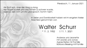 Traueranzeige von Walter Schurr von Gmünder Tagespost