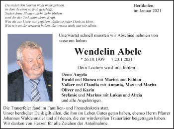 Traueranzeige von Wendelin Abele von Gmünder Tagespost