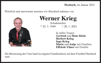 Traueranzeige von Werner Krieg von Gmünder Tagespost