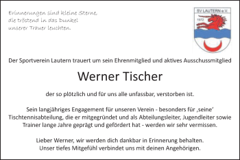 Traueranzeige von Werner Tischer von Gmünder Tagespost