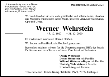 Traueranzeige von Werner Wehrstein von Gmünder Tagespost
