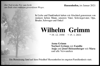 Traueranzeige von Wilhelm Grimm von Gmünder Tagespost
