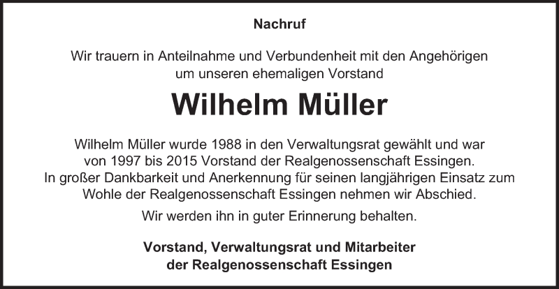  Traueranzeige für Wilhelm Müller vom 20.01.2021 aus Schwäbische Post