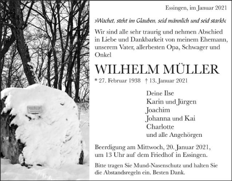  Traueranzeige für Wilhelm Müller vom 18.01.2021 aus Schwäbische Post