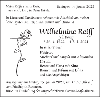 Traueranzeige von Wilhelmine Reiff von Schwäbische Post
