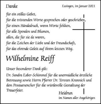 Traueranzeige von Wilhelmine Reiff von Schwäbische Post