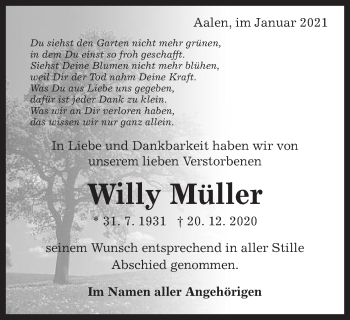 Traueranzeige von Willy Müller von Schwäbische Post