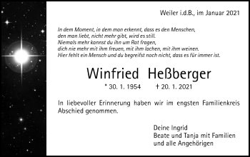 Traueranzeige von Winfried Heßberger von Gmünder Tagespost